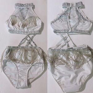 Glamour solo dance costume white fringe rhinestone embellished leotard XSA adult